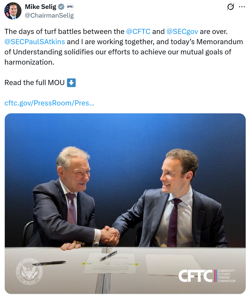 SEC, CFTC Handshake on Memo to Regulate Markets in Harmony