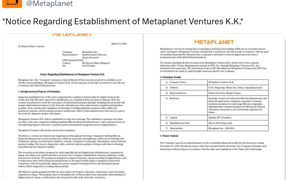 Metaplanet Expands Bitcoin Strategy with New Venture Firm