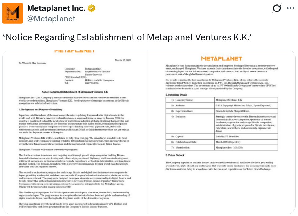 Metaplanet Expands Bitcoin Strategy with New Venture Firm