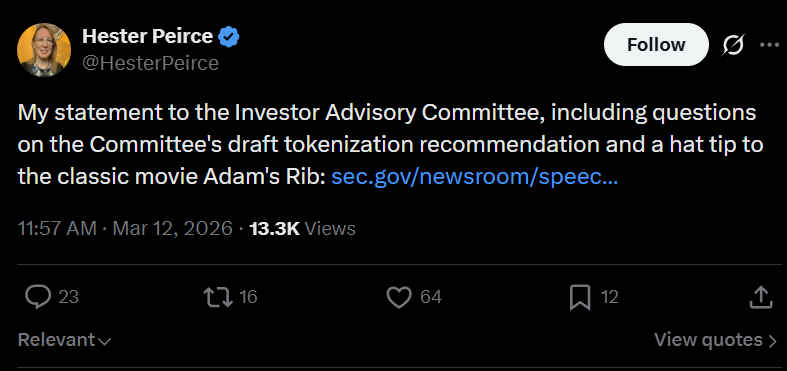 Hester Peirce Calls For Simpler Disclosure Rules, Tokenization Experiments