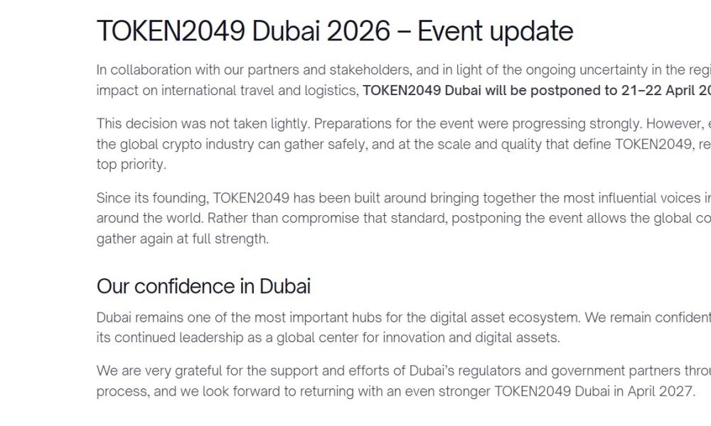 TOKEN2049 Postpones Dubai Event to 2027 Amid Regional Uncertainty