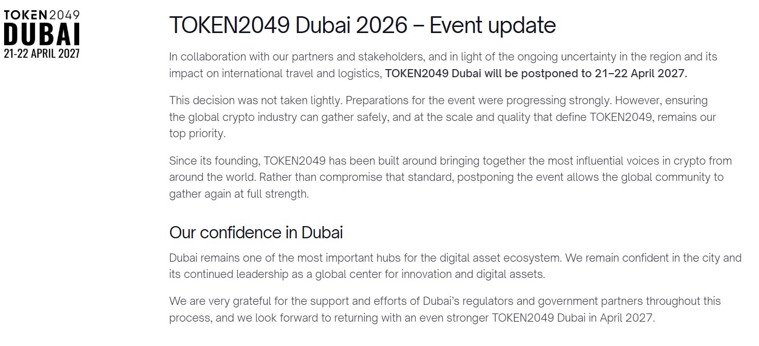 TOKEN2049 Postpones Dubai Event to 2027 Amid Regional Uncertainty