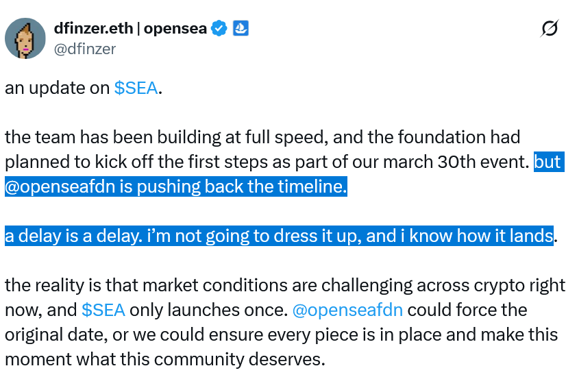 OpenSea Delays SEA Token Launch Amid Tough Market Conditions