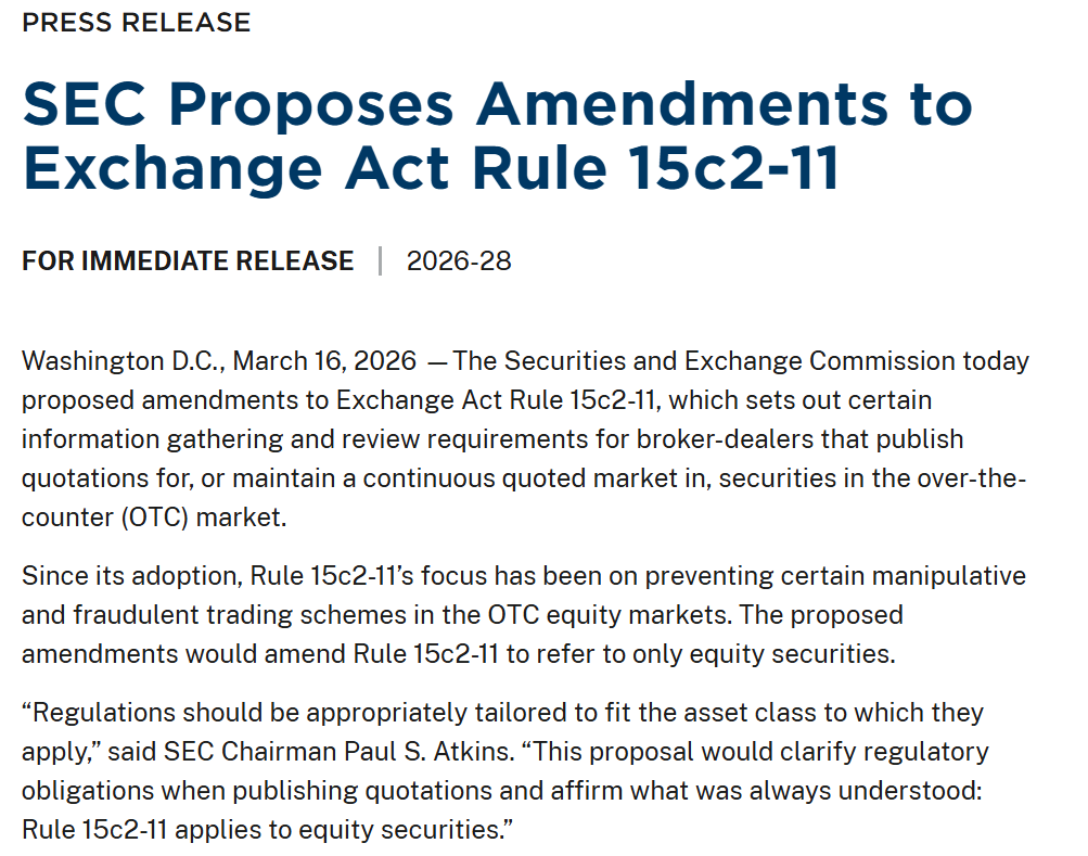 SEC has Proposed Narrowing Rule 15c2-11 to Equity Securities Only
