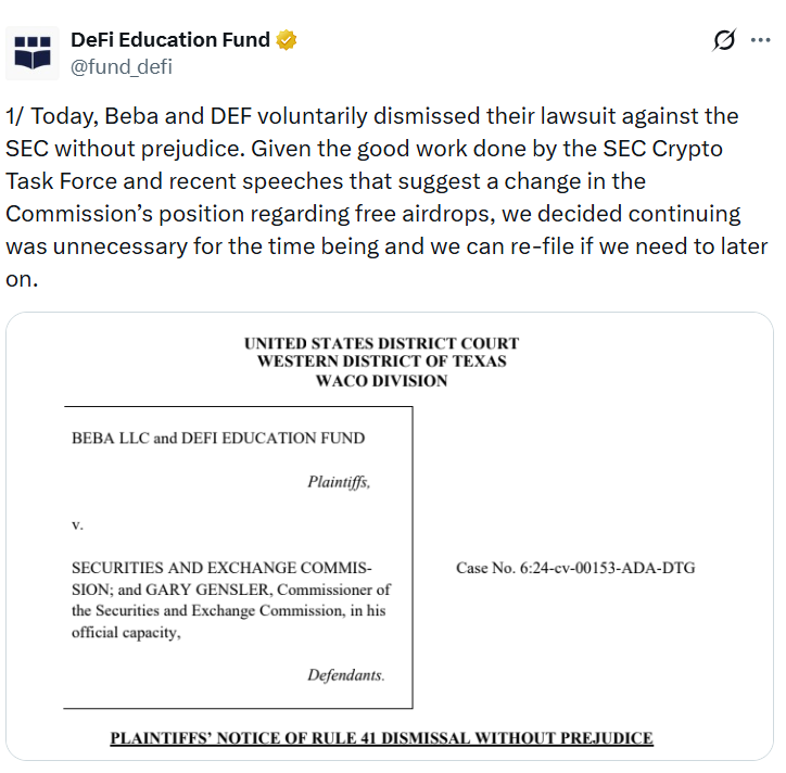DeFi Education Fund Drops SEC Lawsuit as Crypto Stance Softens