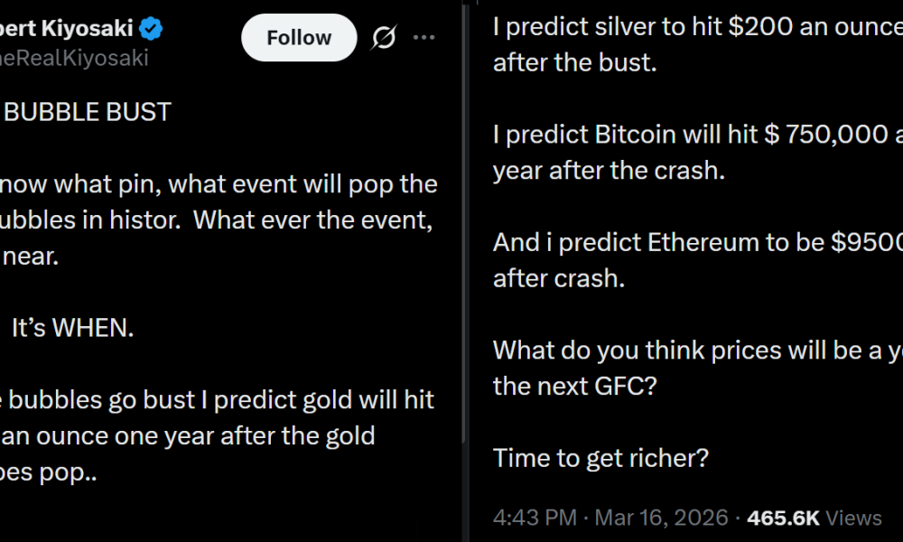 Robert Kiyosaki Says Bitcoin Will Hit $750K After Financial Bubble Bursts