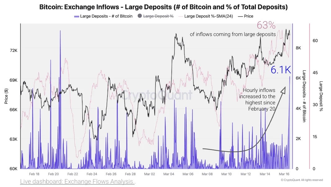 Bitcoin Exchange Inflows Spike as BTC Rally Halts at $75K