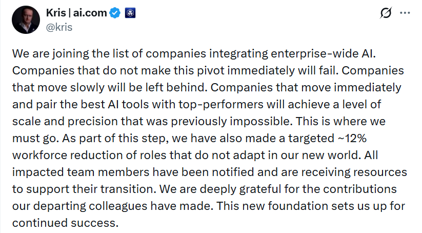 Crypto.com to Cut 12% of Workforce due to Enterprise AI Integration
