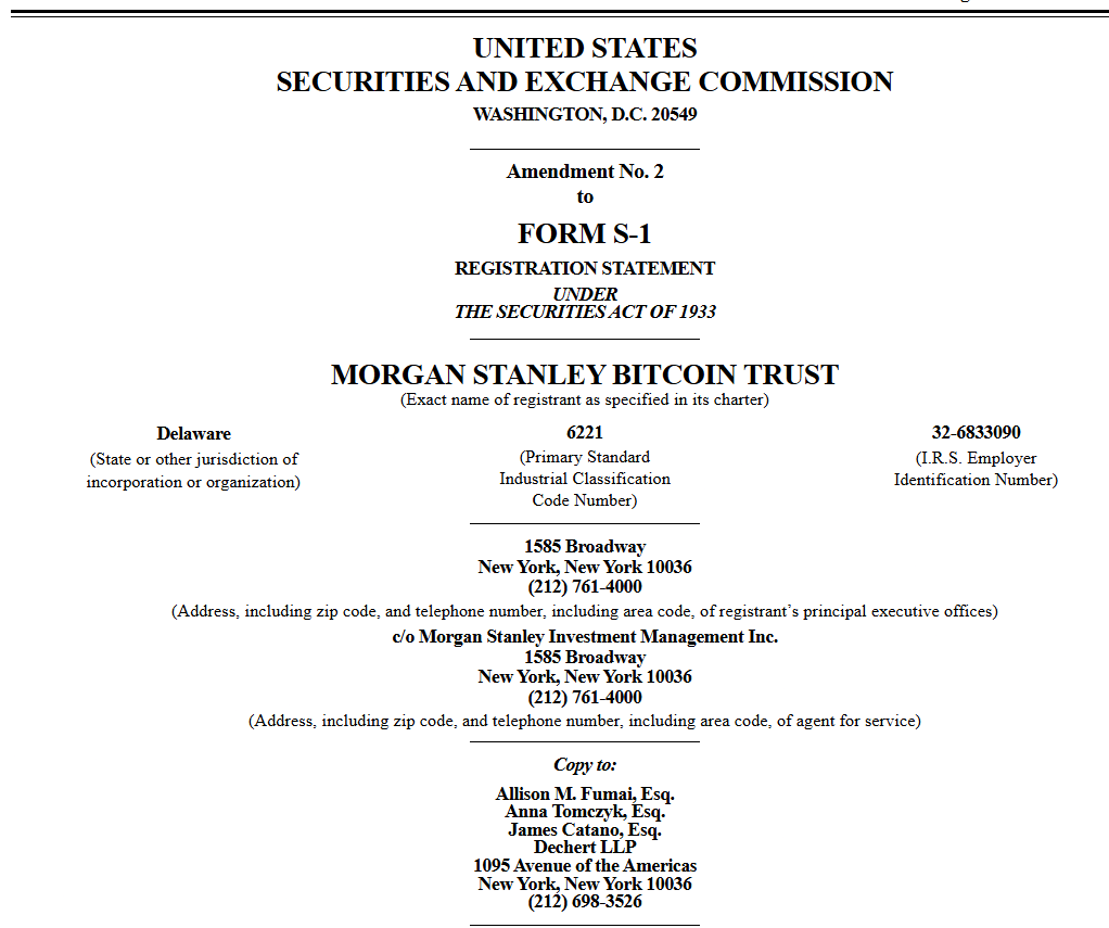 Morgan Stanley Pushes Closer to Bitcoin ETF With Amended SEC Filing
