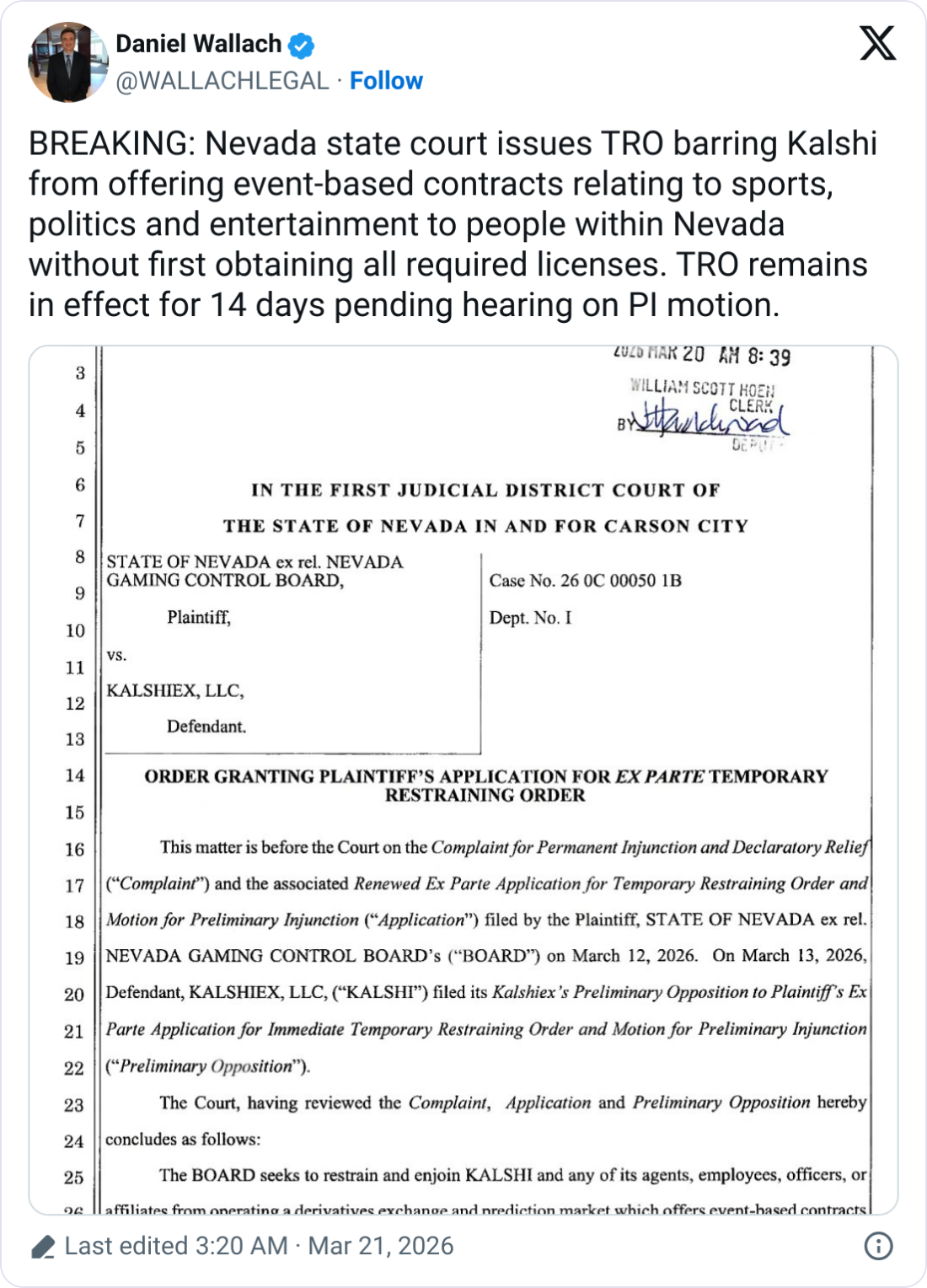 Nevada Judge Blocks Kalshi From Operating in State