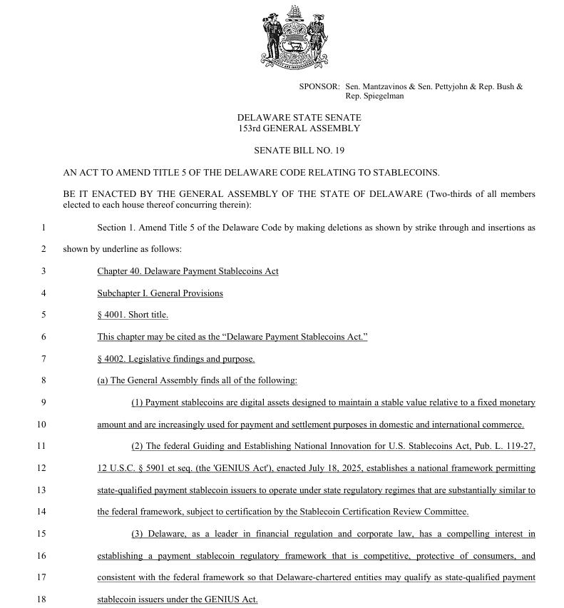 Stablecoin Bill Introduced in Delaware Aims to Create Licensing Framework