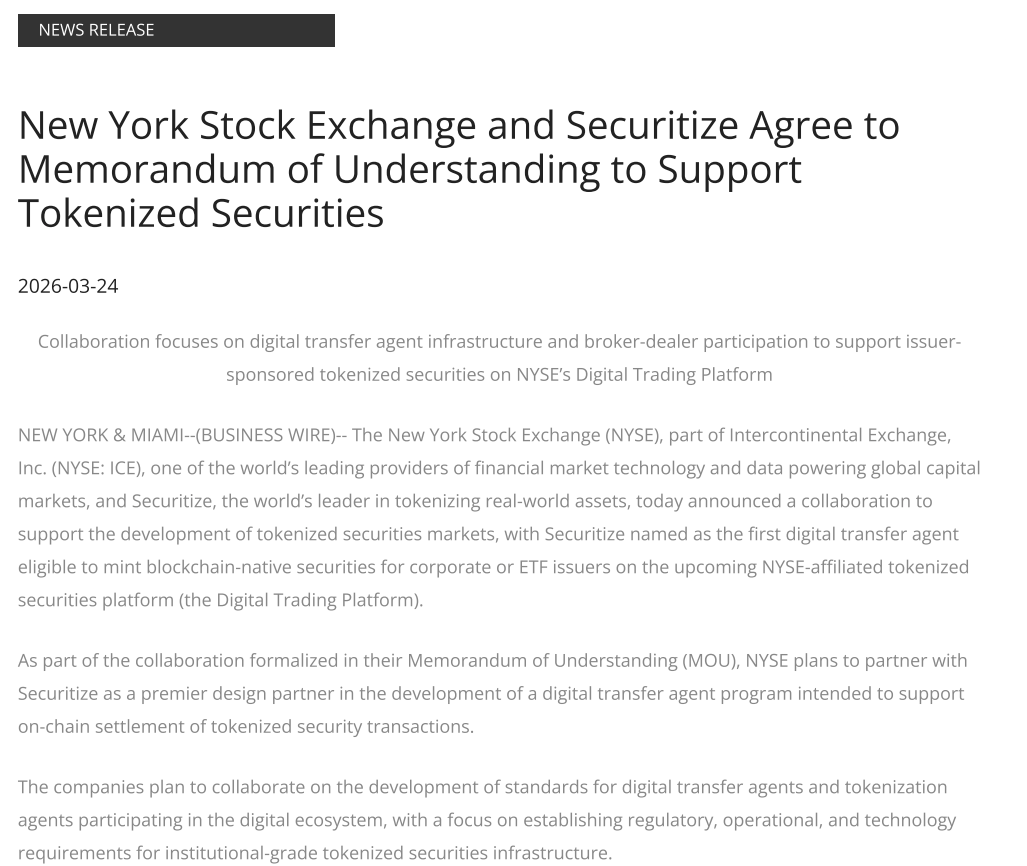 NYSE, Securitize Partner for 24/7 Tokenized Securities Platform