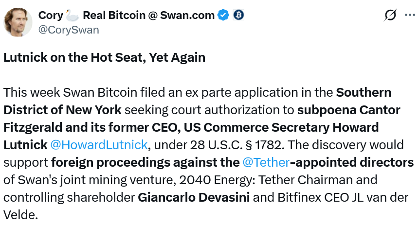 Swan Bitcoin Seeks Subpoena For Howard Lutnick