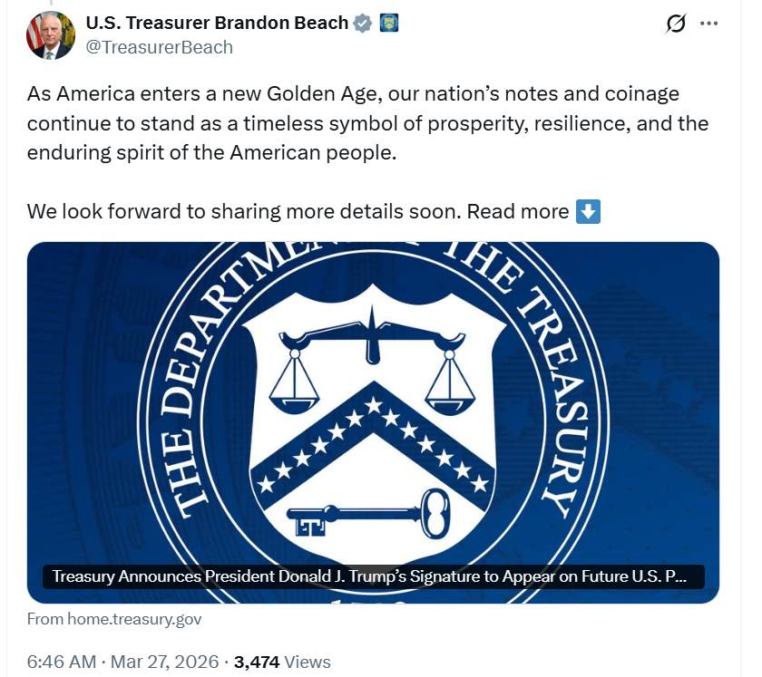 Treasury Plans to Add Donald Trump’s Signature to US Currency