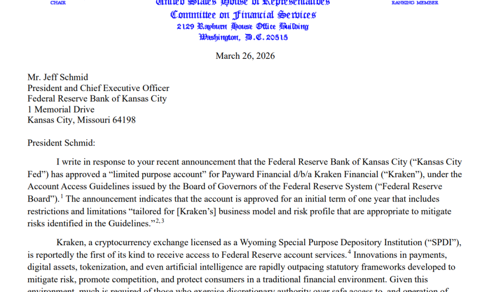 US Lawmaker Wants Answers About Kraken’s Fed Master Account Approval
