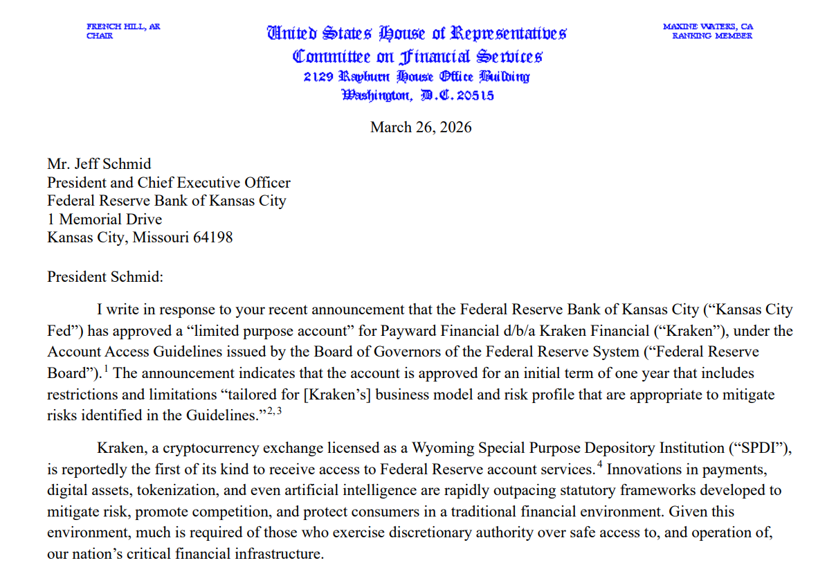 US Lawmaker Wants Answers About Kraken’s Fed Master Account Approval