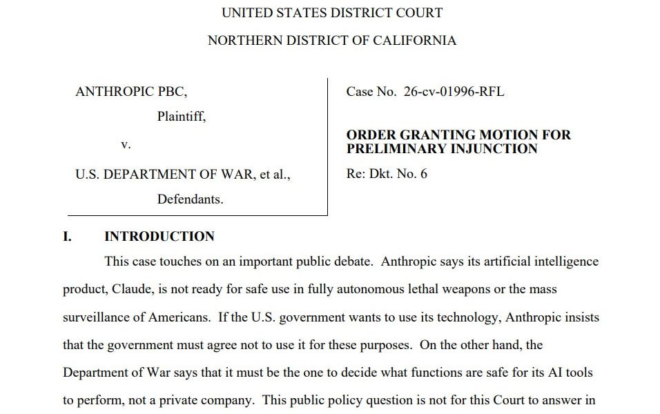 Judge Blocks Pentagon's Anthropic Supply Chain Designation