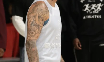 Justin Bieber seen playing for his team and representing his clothing company SKLRK at basket ball game