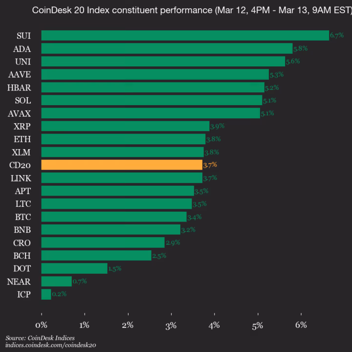 9am CoinDesk 20 Update for 2026-03-13: vertical