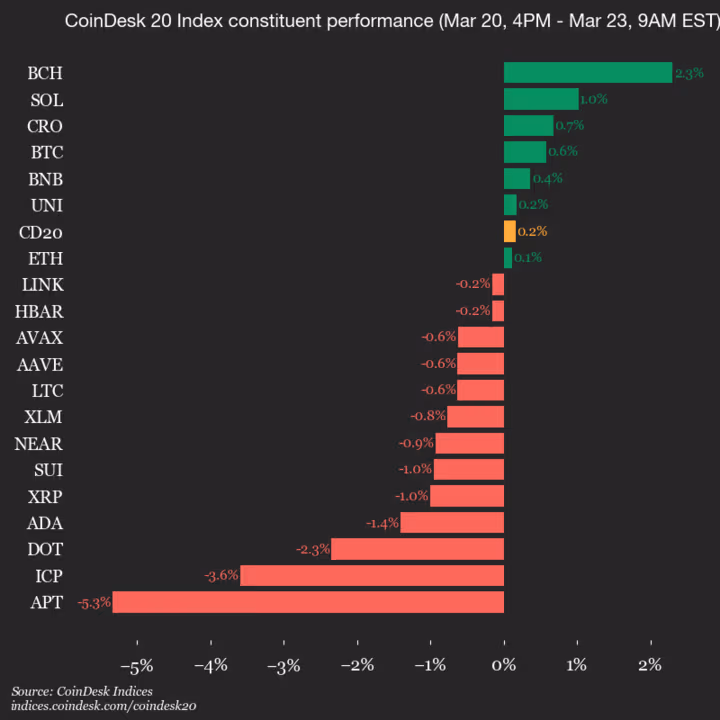9am CoinDesk 20 Update for 2026-03-23: vertical