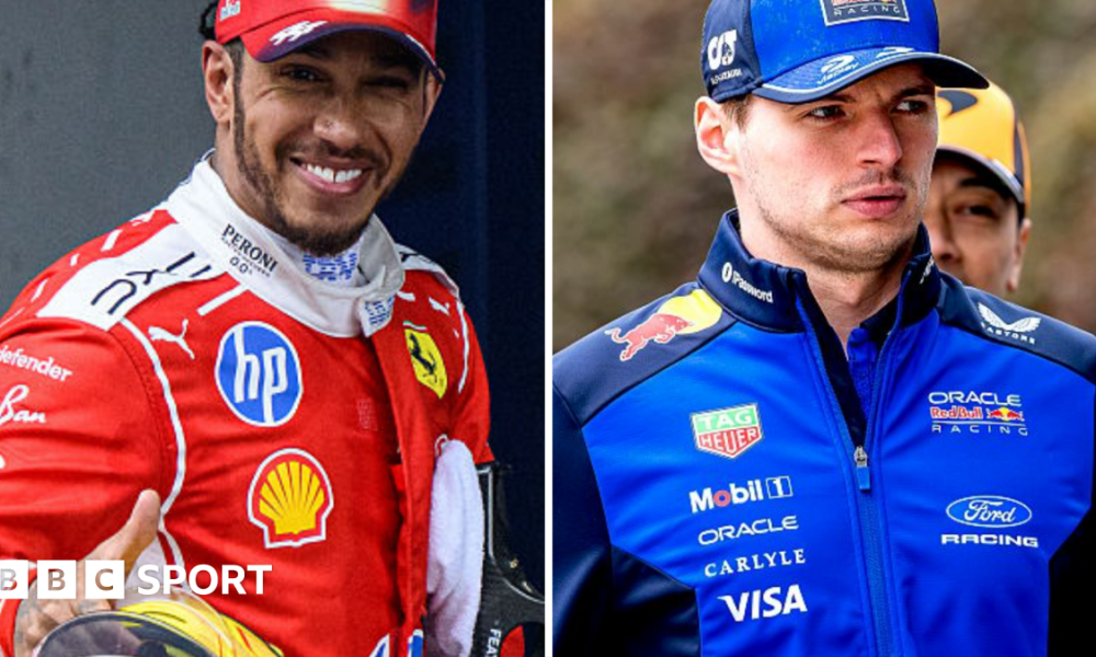A composite image of Lewis Hamilton and Max Verstappen