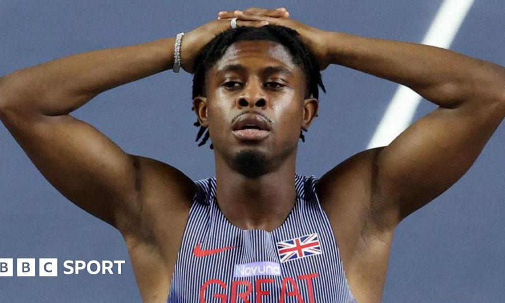 Jeremiah Azu reacts by putting his hands on his head following the men's 60m final at the world indoors