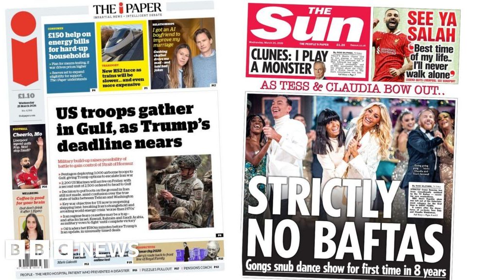 'US troops gather in Gulf' and 'Strictly No Baftas'