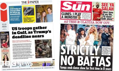 'US troops gather in Gulf' and 'Strictly No Baftas'