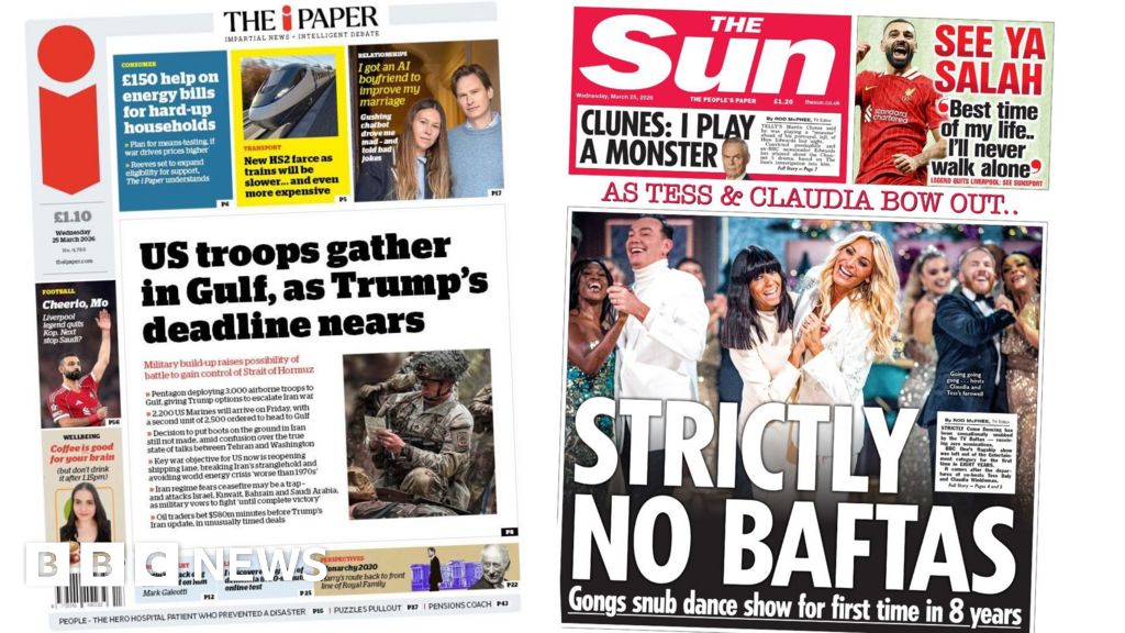 'US troops gather in Gulf' and 'Strictly No Baftas'