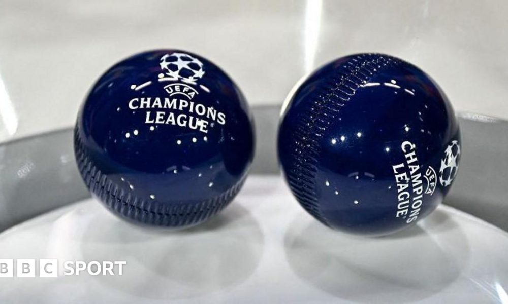 This photograph shows the draw balls bearing the Champions League logo