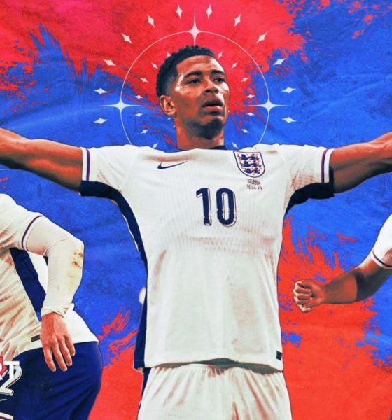 A blue and red graphic overlaid with Lewis Hall, Jude Bellingham and Reece James in white England shirts