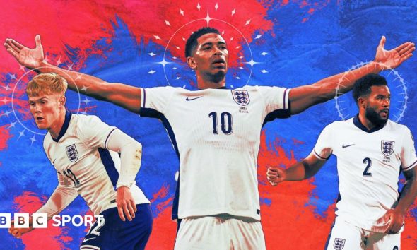 A blue and red graphic overlaid with Lewis Hall, Jude Bellingham and Reece James in white England shirts