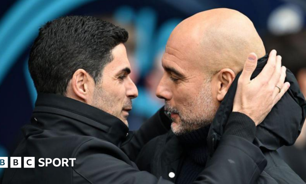 Arsenal manager Mikel Arteta embracing Manchester City boss Pep Guardiola