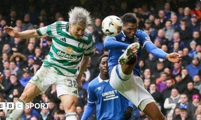 Celtic's Daizen Maeda heads the ball against Rangers