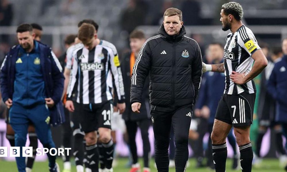 Newcastle United head coach Eddie Howe reacts after the defeat against Manchester City at St James' Park on 7 March, 2026