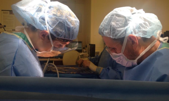The author, left, in the operating room.