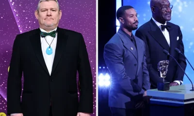 Baftas guests John Davidson (left) and presenters Michael B Jordan and Delroy Lindo (right)