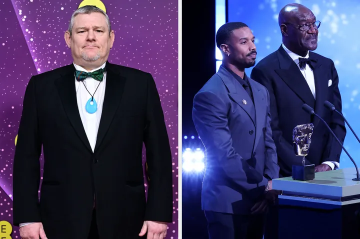 Baftas guests John Davidson (left) and presenters Michael B Jordan and Delroy Lindo (right)