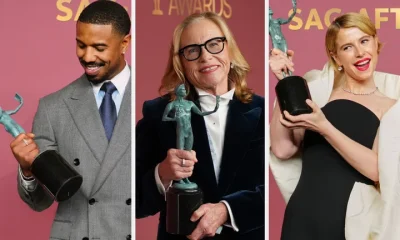 Michael B Jordan, Amy Madigan and Jessie Buckley celebrating their wins at the 2026 Actor Awards