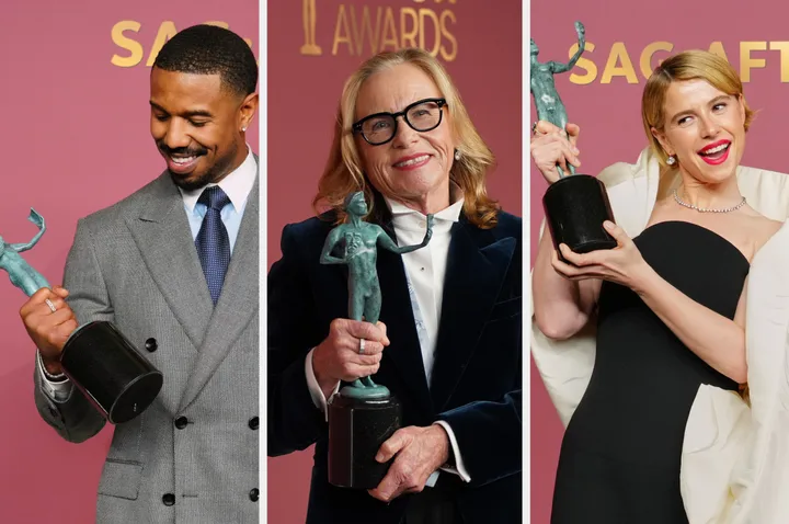 Michael B Jordan, Amy Madigan and Jessie Buckley celebrating their wins at the 2026 Actor Awards