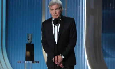 An emotional Harrison Ford on stage at the 2026 Actor Awards