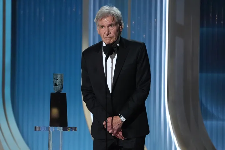 An emotional Harrison Ford on stage at the 2026 Actor Awards