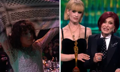 Jacob Alon shows support for Palestine (left) during Kelly and Sharon Osbourne's Brit Awards speech (right)