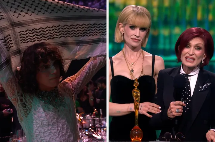 Jacob Alon shows support for Palestine (left) during Kelly and Sharon Osbourne's Brit Awards speech (right)
