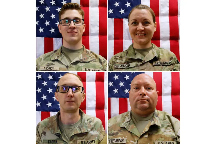 This combination of images provided by the U.S. Army taken on May 16, 2025 shows, from top left, Sgt. Declan Coady, 20, of Des Moines, Iowa, Sgt. 1st Class Nicole Amor, 39, of White Bear Lake, Minn., Capt. Cody Khork, 35, of Lakeland, Fla., and Sgt. 1st Class Noah Tietjens, 42, of Bellevue, Neb.