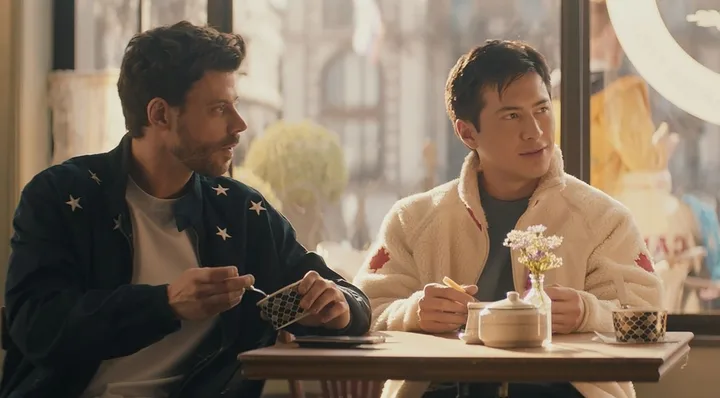 François Arnaud and Hudson Williams on the set of Heated Rivalry