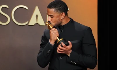 Michael B. Jordan poses with his Oscar following Sunday's ceremony