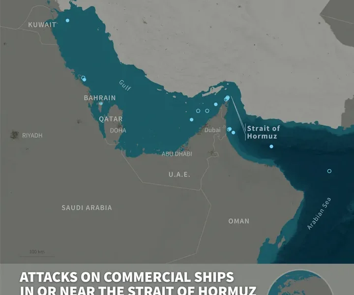 Infographic with a map of the Gulf and the Strait of Hormuz showing attacks on commercial vessels between February 28 and March 11.