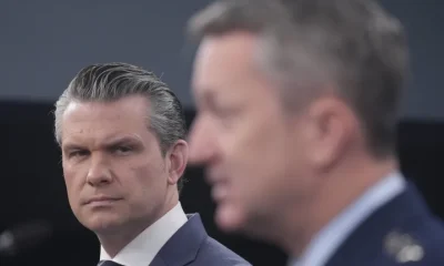 Defense Secretary Pete Hegseth and Chairman of the Joint Chiefs of Staff Gen. Dan Caine speak to members of the media during a press briefing at the Pentagon in Washington on March 19.