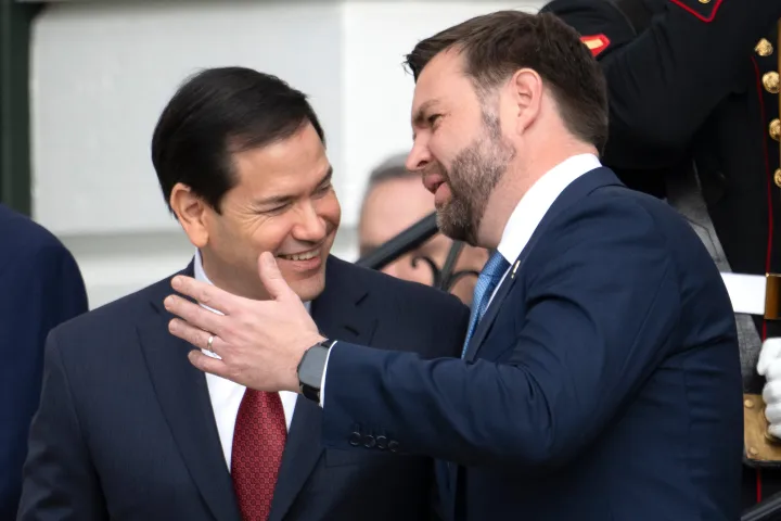 Secretary of State Marco Rubio, left, talks with Vice President JD Vance prior to the arrival of Saudi Arabia's Crown Prince Mohammed bin Salman at the White House on Nov. 18, 2025, in Washington.